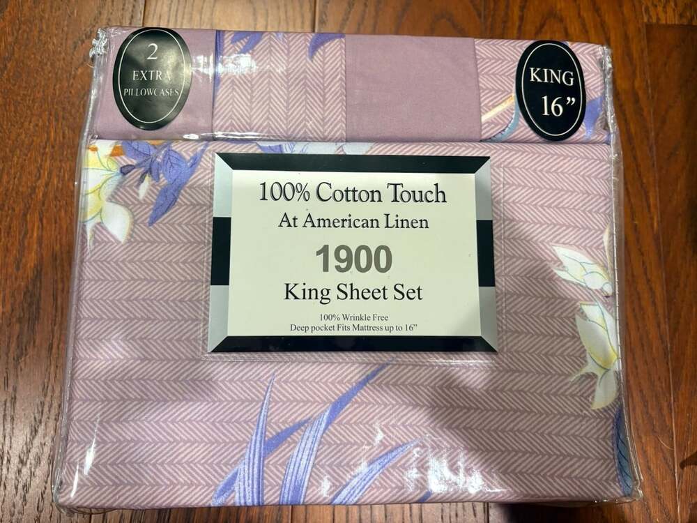 American Linen Cotton Percale King Sheet Set Purple Floral Deep Pocket